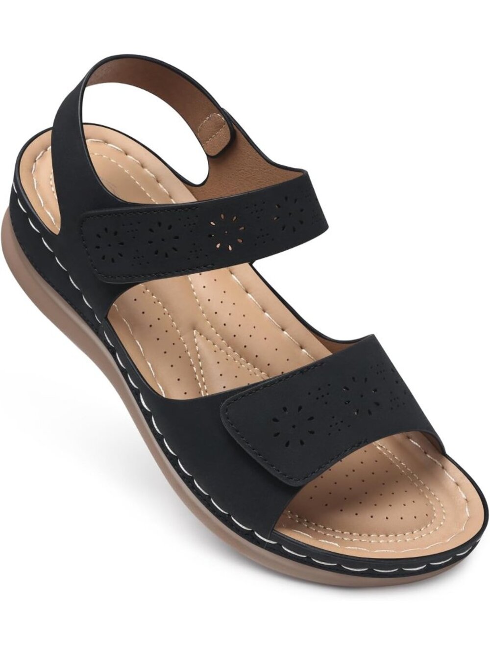 Women's Black Flat Sandals Comfortable Arch Support Dressy Cushioning Casual
